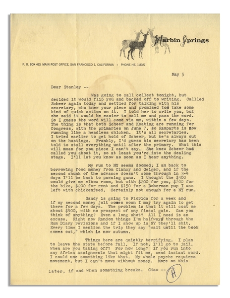 Hunter Thompson Letter Signed -- ''Random thinks I'm halfway through the Rum Diary revisions...Things here are quietly terrifying. I plan to leave the state before fall. If not, I'll go to jail...''